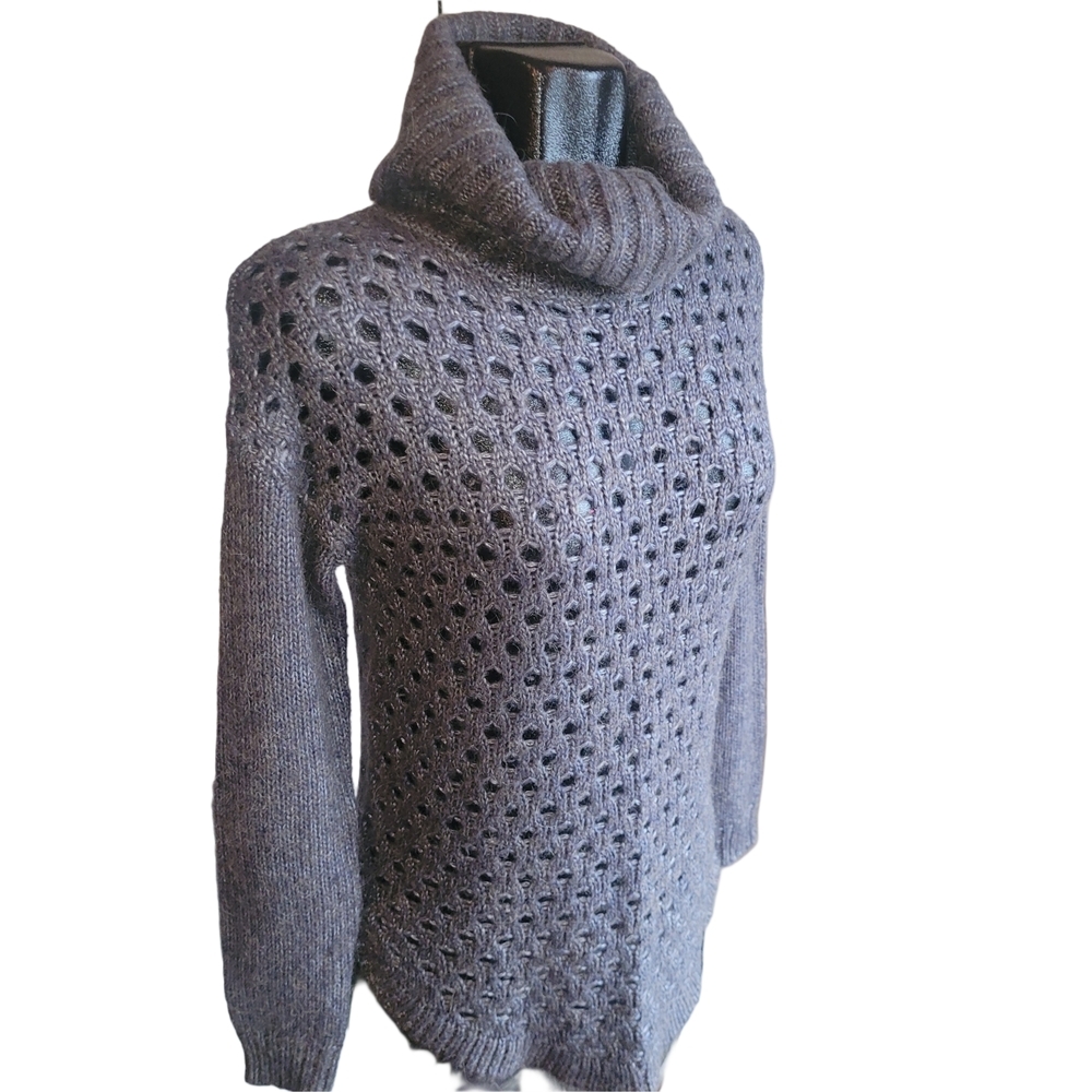 RW&CO Gray Eyelet Knit Alpaca Wool Blend Turtleneck Sweater Size XS - Picture 2 of 6